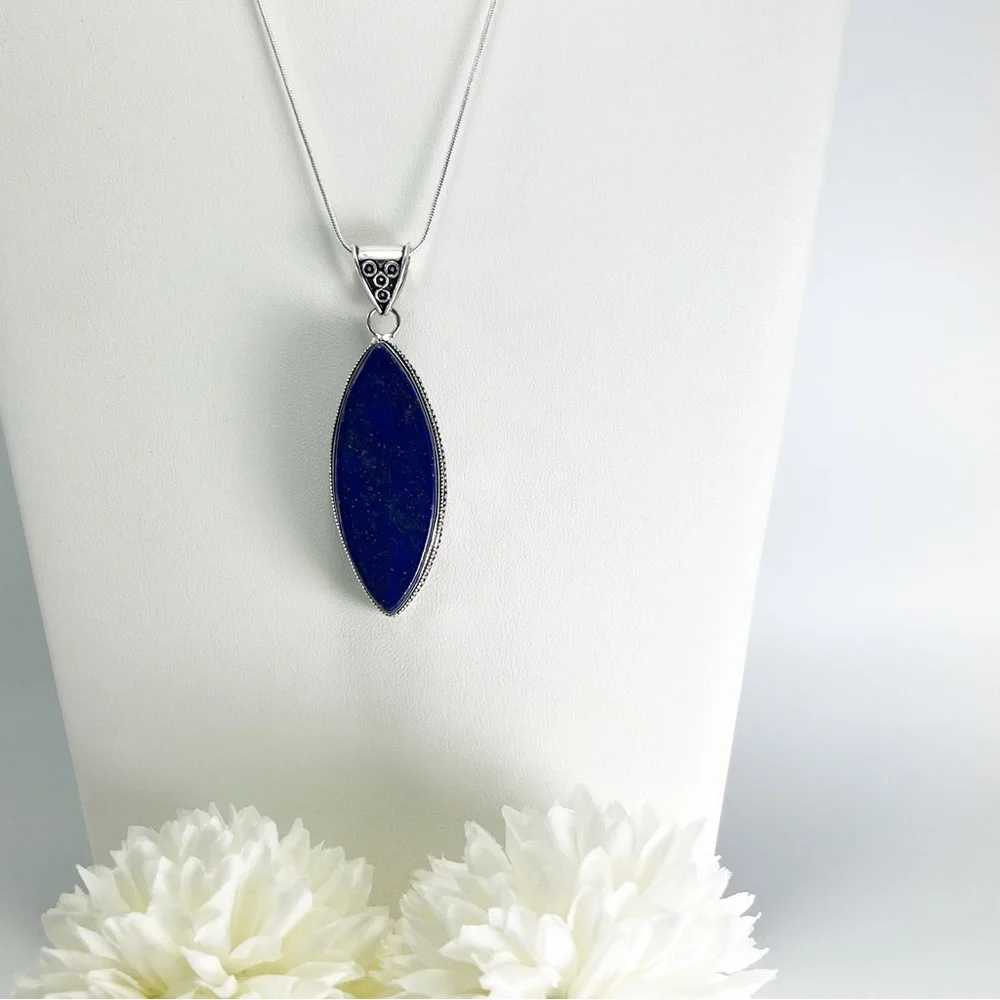 Large Lapis Lazuli Pendant Necklace Sterling Silver 925 Marquise Vintage Antique - Picture 5 of 11